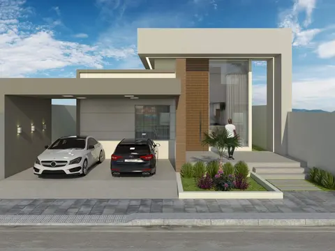 Projeto em 3D: Fachada de casa térrea com garagem