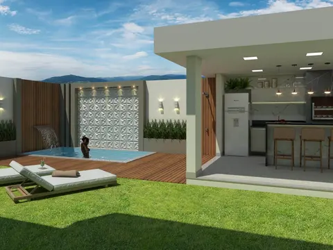 Projeto em 3D: Área de lazer com piscina e churrasqueira