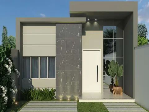 Projeto em 3D: Fachada de casa térrea com revestimento em pedra