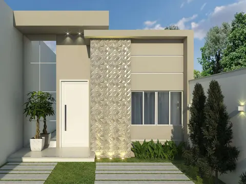 Projeto em 3D: Fachada de casa térrea com jardim