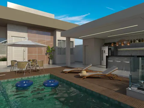 Projeto em 3D: Área de lazer com piscina e espaço gourmet