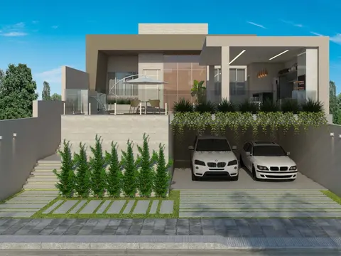 Projeto em 3D: Fachada de casa em aclive com garagem