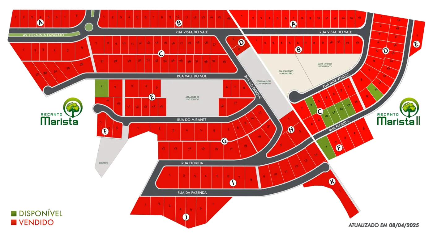 Mapa dos lotes do Recanto Marista I e II, com os lotes disponíveis em verde e os vendidos em vermelho